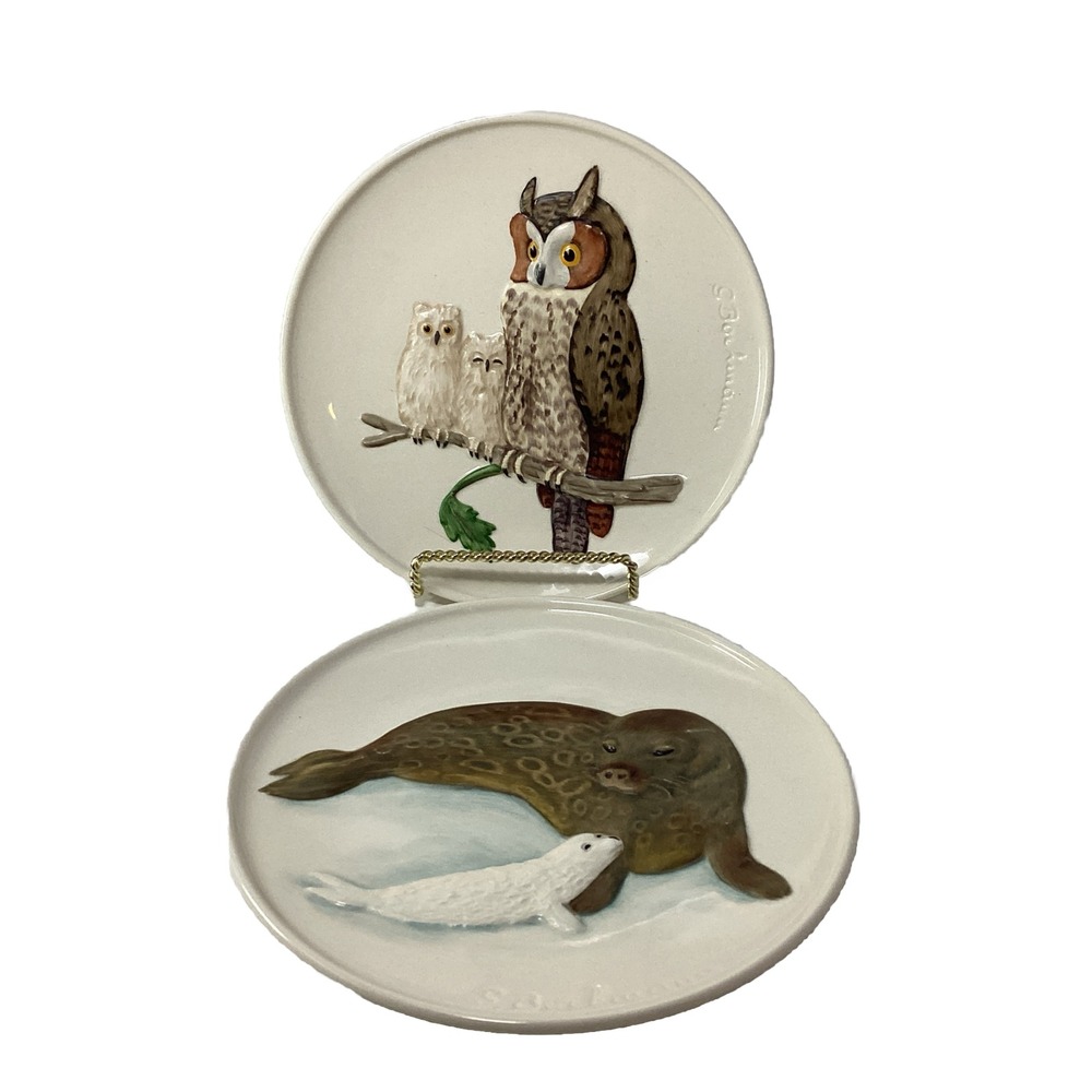 2 Vintage Goebel Mother And Baby Animal Series Plates 1979 1981 Owl And Seal